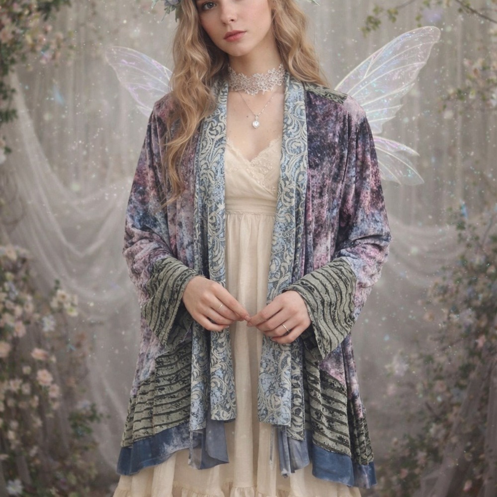 John Mark Mixed Media Lace Velvet Artsy Open‎ Front Cardigan Size Med Fairycore